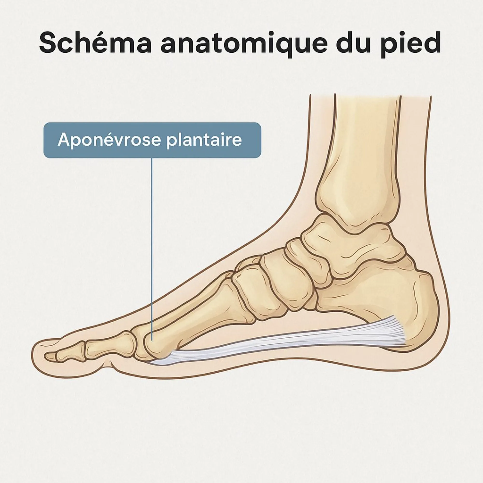 Schéma anatomique du pied montrant l'aponévrose plantaire, du talon à l'avant du pied