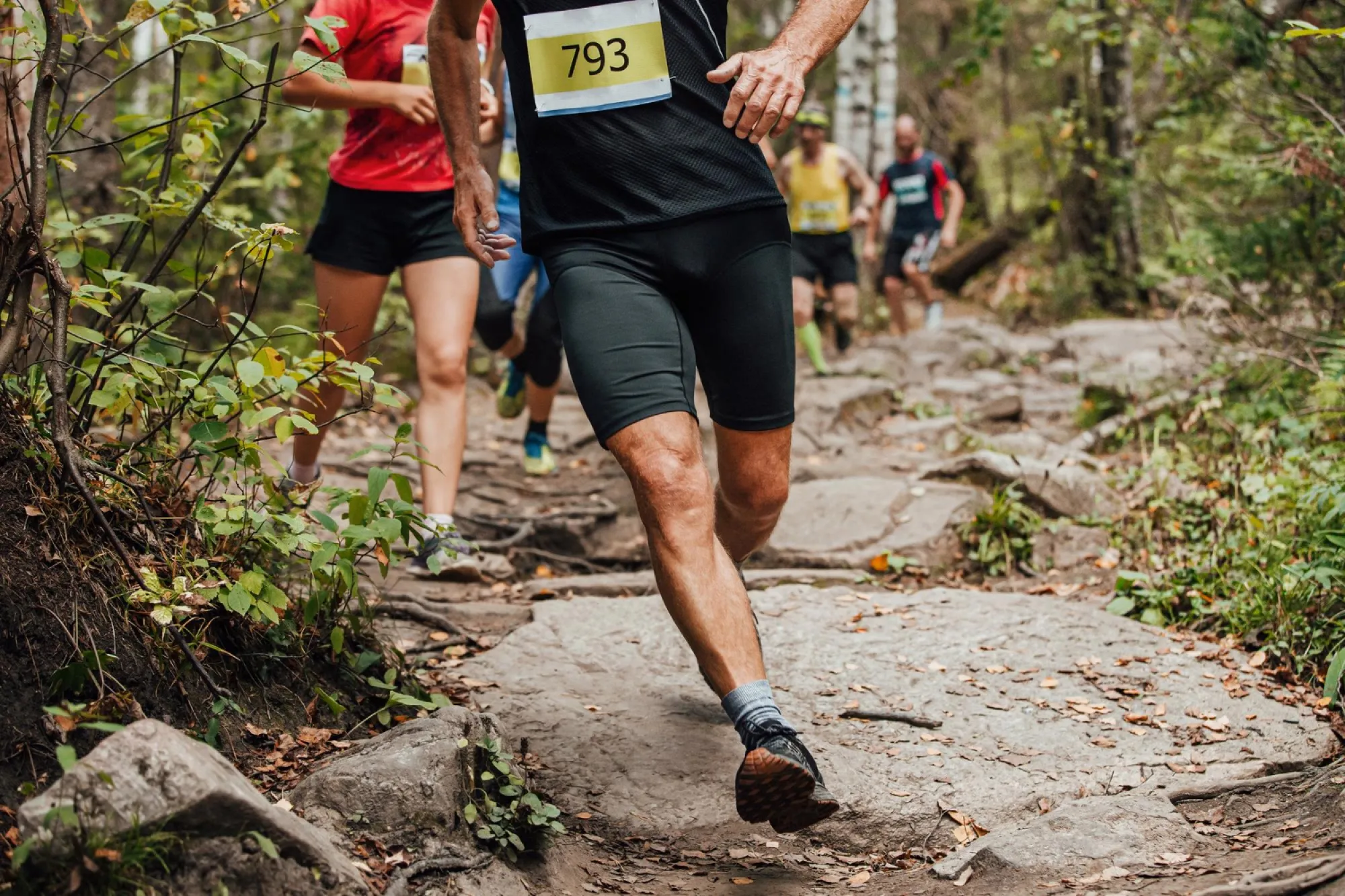 Coureurs avec dossard sur un sentier de forêt caillouteux pendant une course