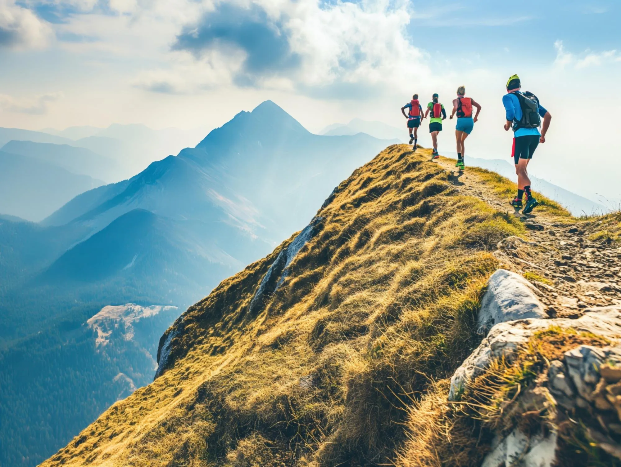 Groupe de traileurs sur une crête herbeuse face à un sommet en montagne