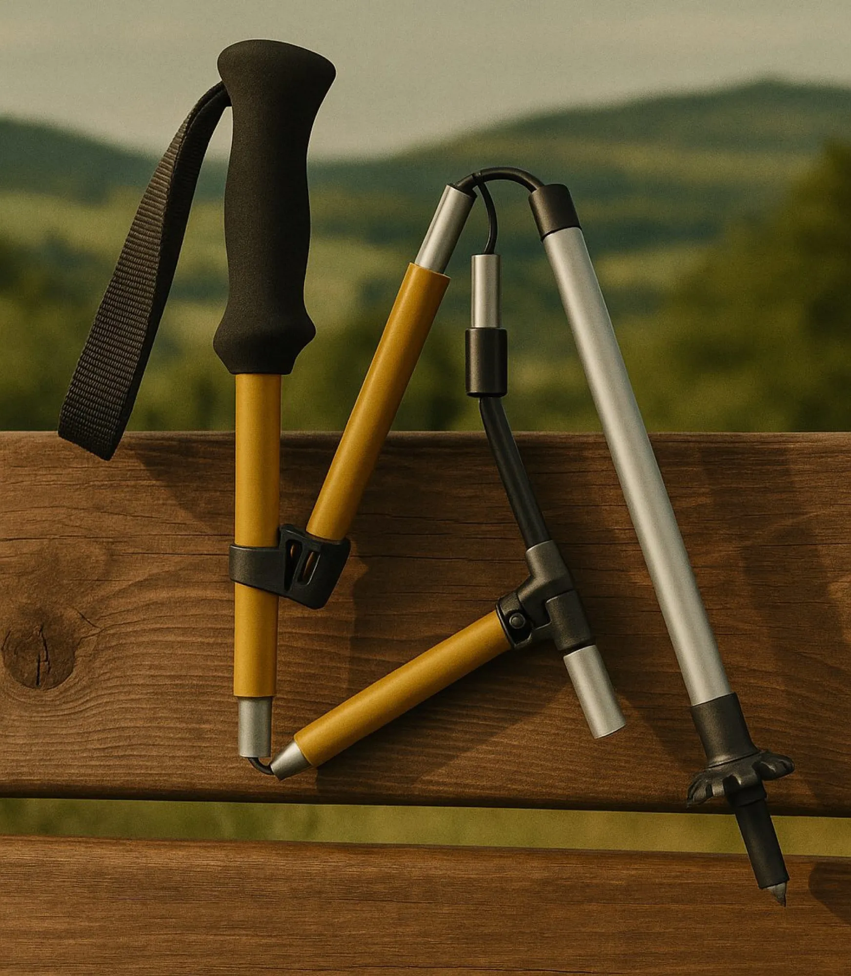 Plusieurs bâtons de trail repliés et dépliés posés sur une table en bois
