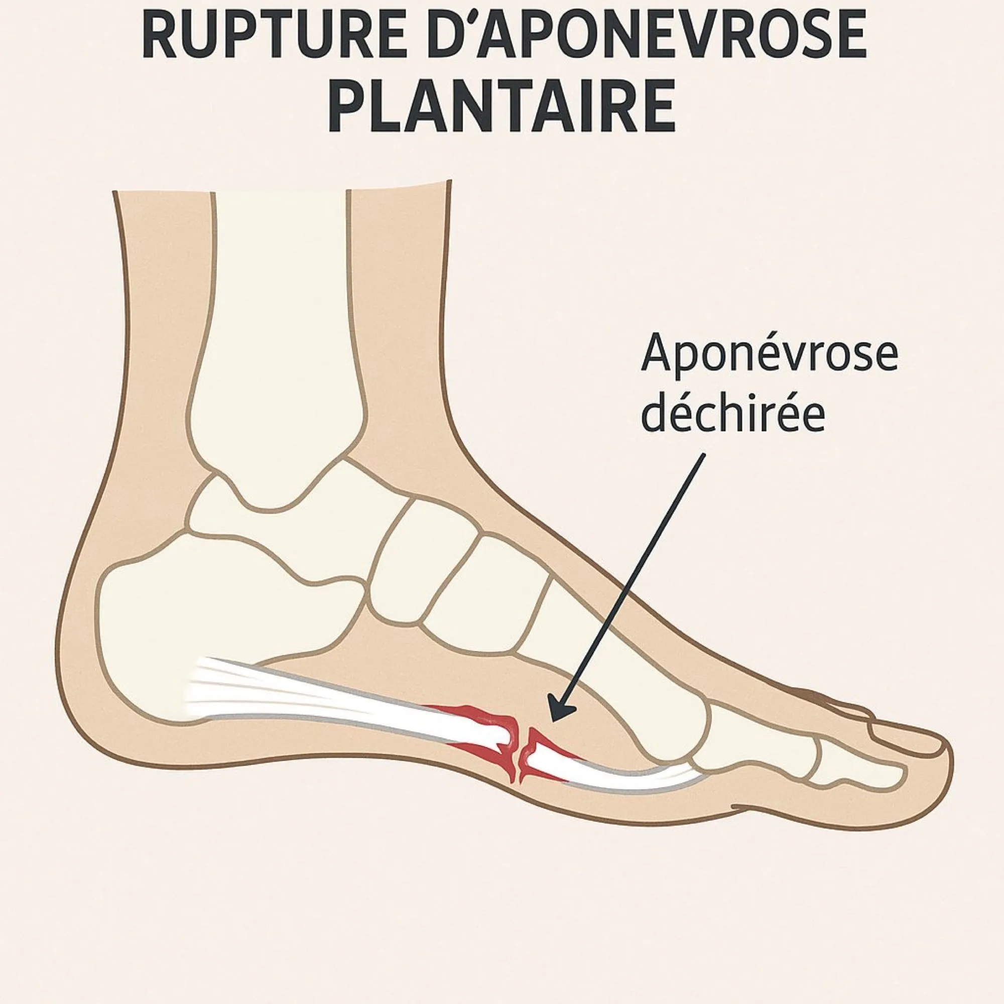 Schéma d'une rupture de l'aponévrose plantaire, avec la zone déchirée sous la voûte du pied