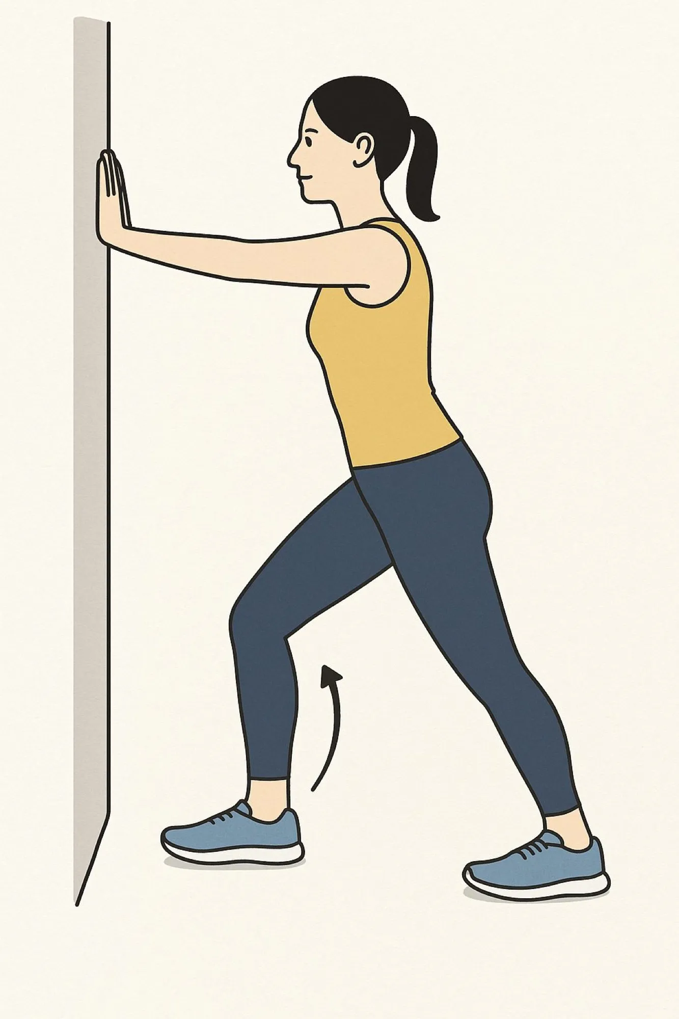 Illustration d'une femme étirant son mollet contre un mur, jambe arrière tendue