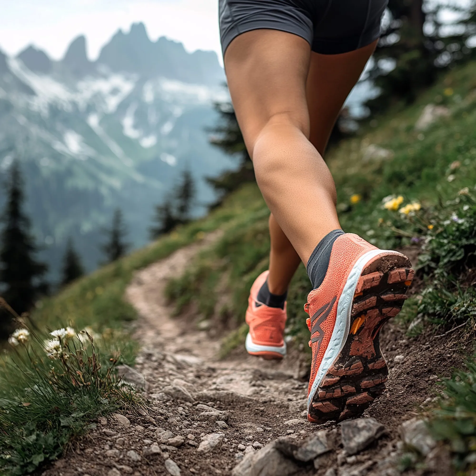 Jambes d'une traileuse sur un sentier de montagne fleuri, en pleine foulée