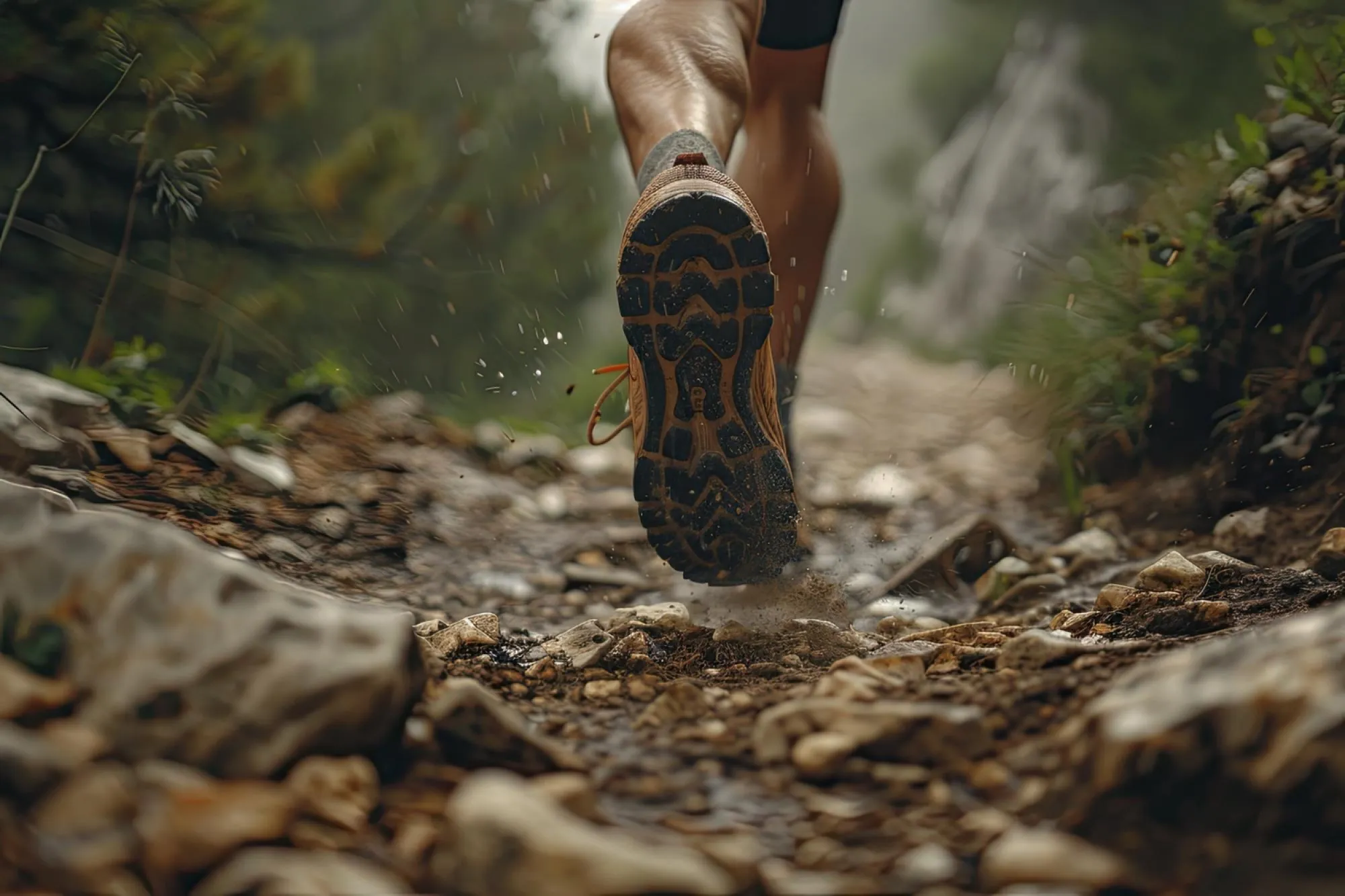 Semelle crantée d'une chaussure de trail sur un sentier forestier boueux